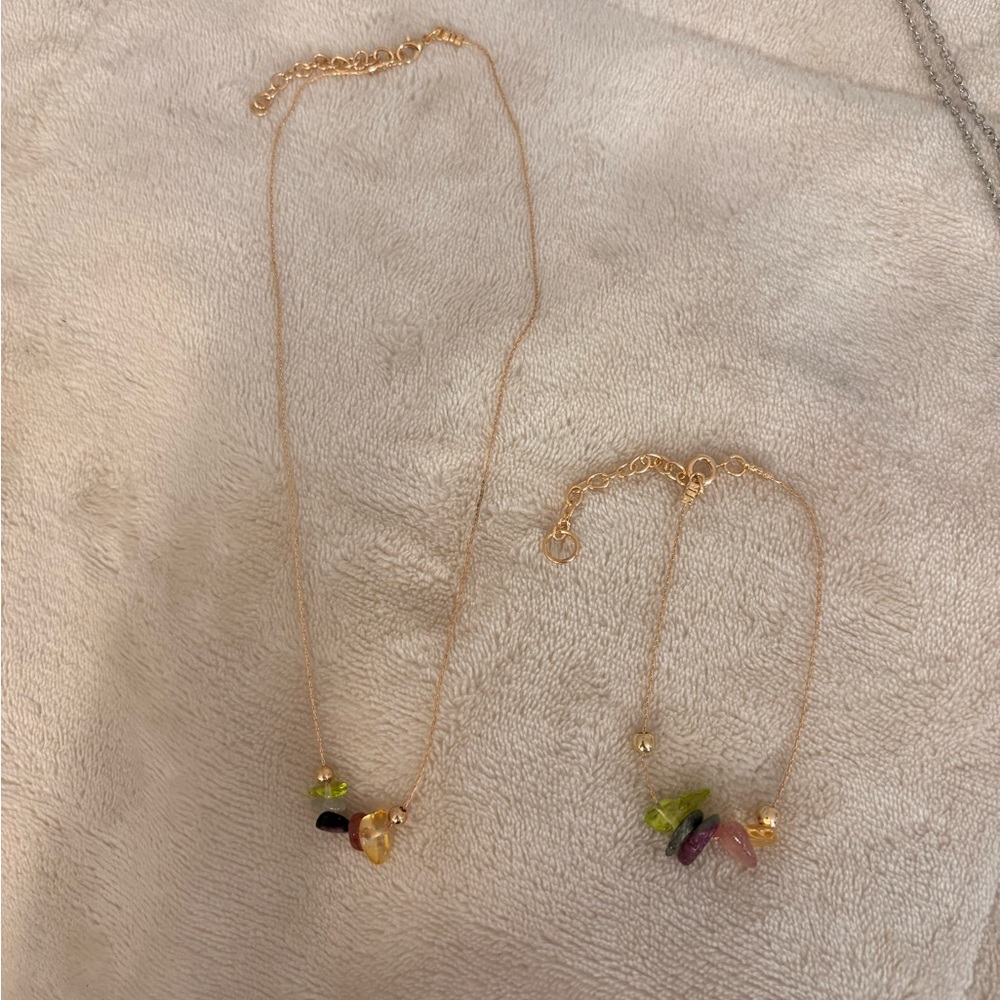 Colorful Gemstone Chip Necklace & Bracelet Set | Stainless Steel Adjustable Boho - Picture 5 of 5